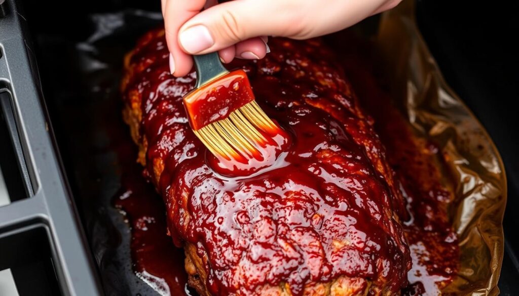 Applying sweet BBQ glaze to smoked meatloaf Applying sweet BBQ glaze to smoked meatloaf