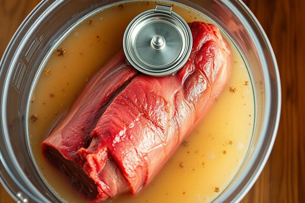 Beef brisket submerged in brine solution in a container for making corned beef Beef brisket submerged in brine solution in a container for making corned beef