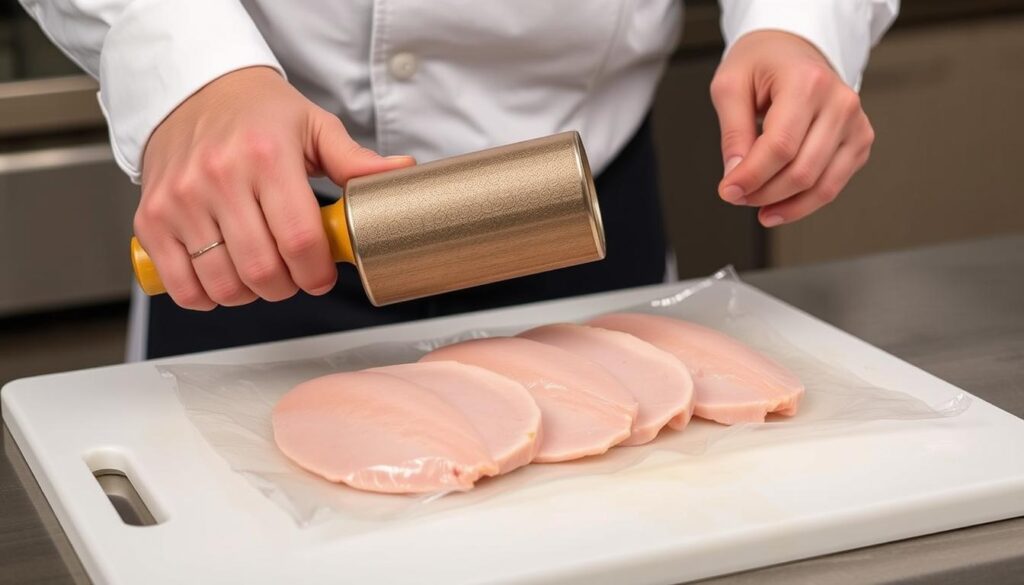 Chef demonstrating how to pound turkey cutlets to even thickness Chef demonstrating how to pound turkey cutlets to even thickness