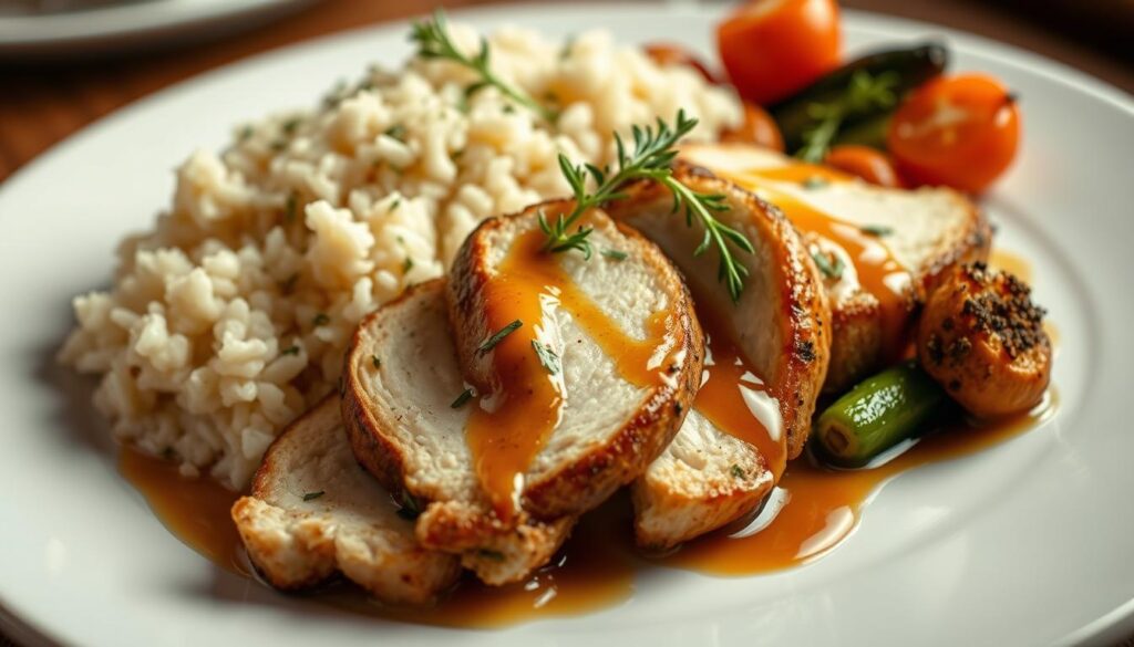 Complete turkey cutlet dinner with roasted vegetables and rice Complete turkey cutlet dinner with roasted vegetables and rice