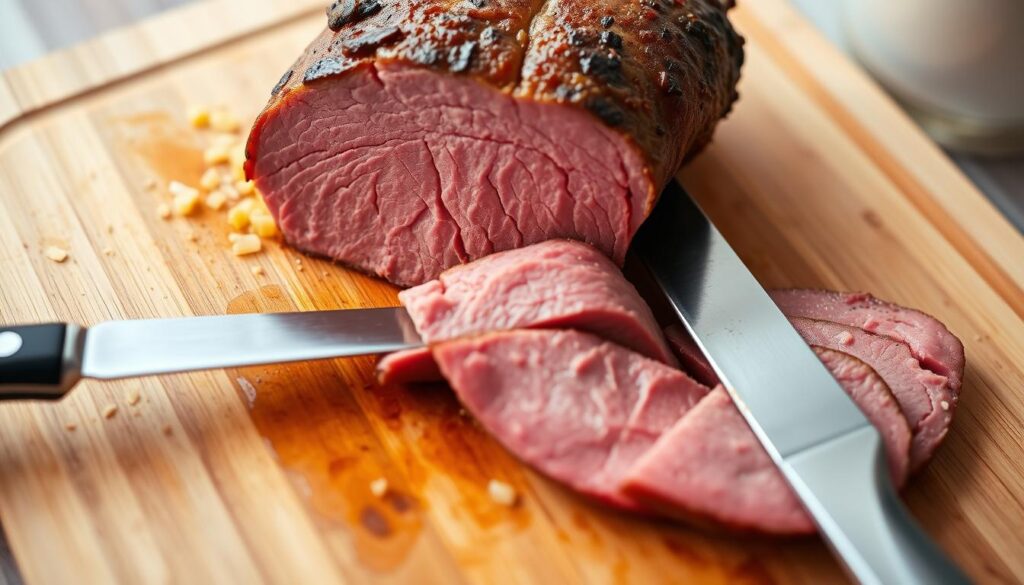 Cooked corned beef being sliced against the grain on a cutting board Cooked corned beef being sliced against the grain on a cutting board