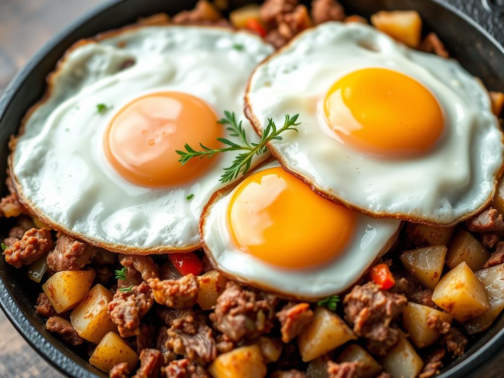 Corned beef hash made with leftover corned beef, topped with fried eggs Corned beef hash made with leftover corned beef, topped with fried eggs