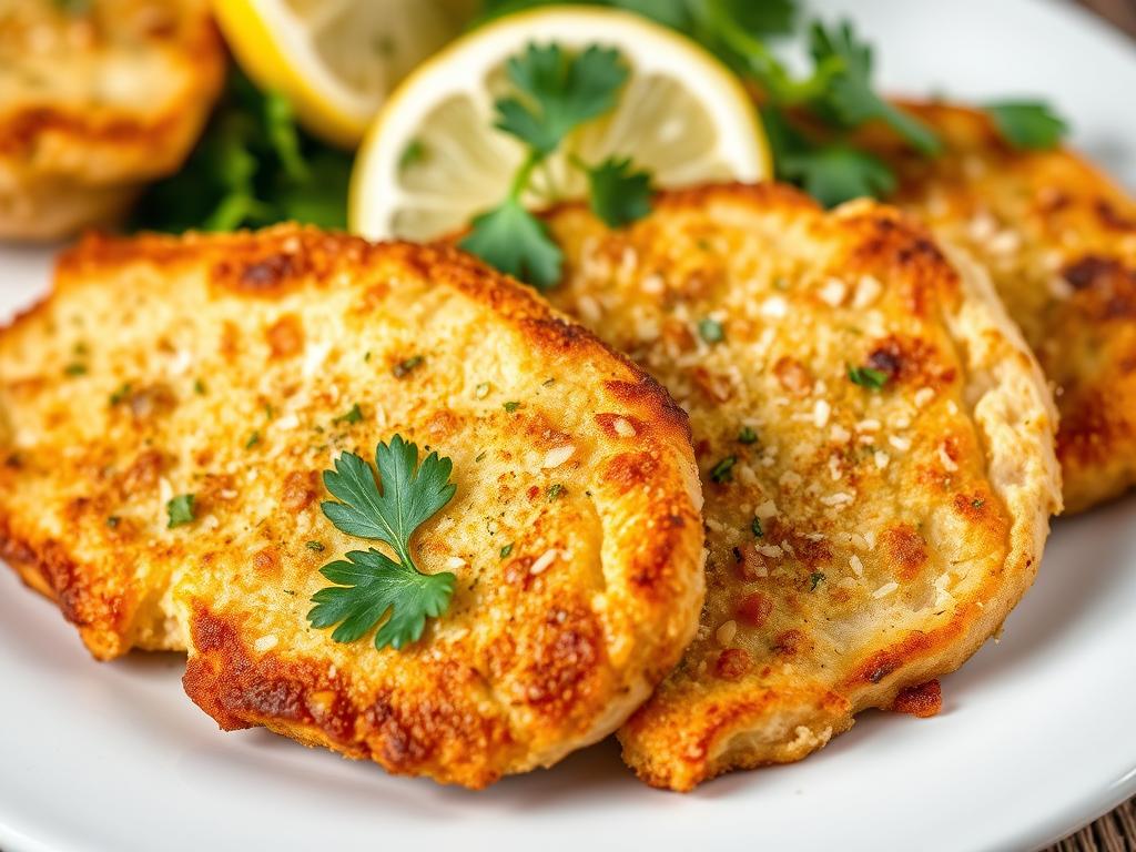 Crispy garlic parmesan turkey cutlets on a white plate with lemon wedges and herbs Crispy garlic parmesan turkey cutlets on a white plate with lemon wedges and herbs