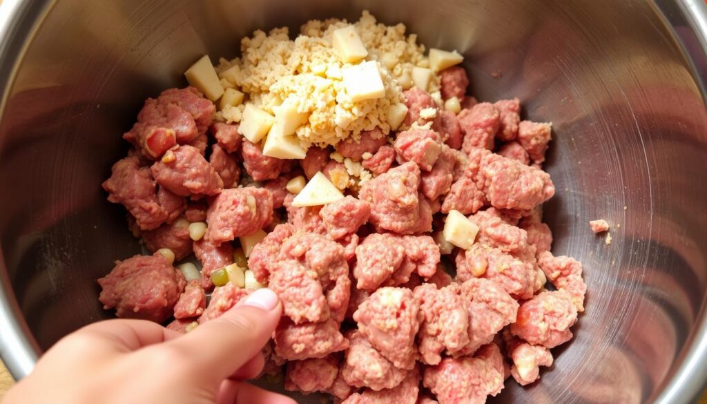Hands mixing meatloaf ingredients in a large bowl for smoked meatloaf Hands mixing meatloaf ingredients in a large bowl for smoked meatloaf