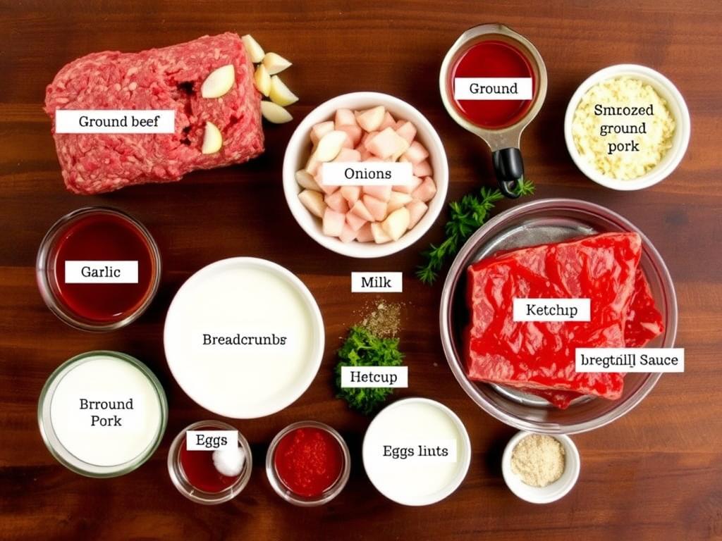 Ingredients for smoked meatloaf with sweet BBQ glaze laid out on a wooden surface Ingredients for smoked meatloaf with sweet BBQ glaze laid out on a wooden surface