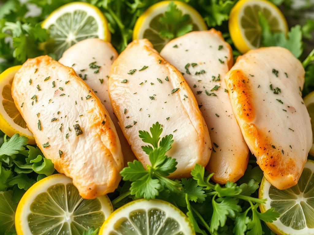 Lemon herb turkey cutlets on a bed of greens with lemon slices Lemon herb turkey cutlets on a bed of greens with lemon slices