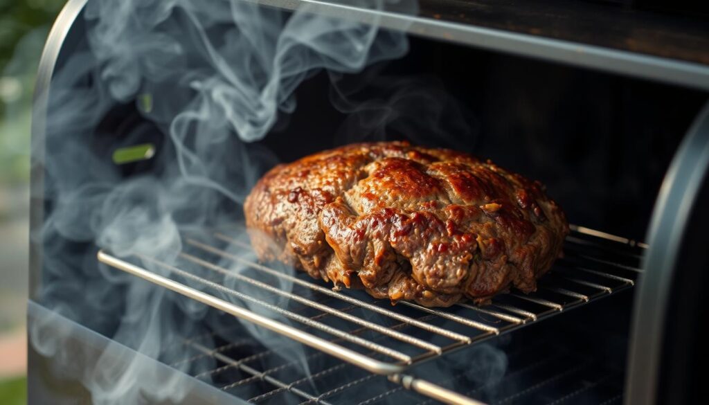 Meatloaf smoking in a smoker with visible smoke Meatloaf smoking in a smoker with visible smoke