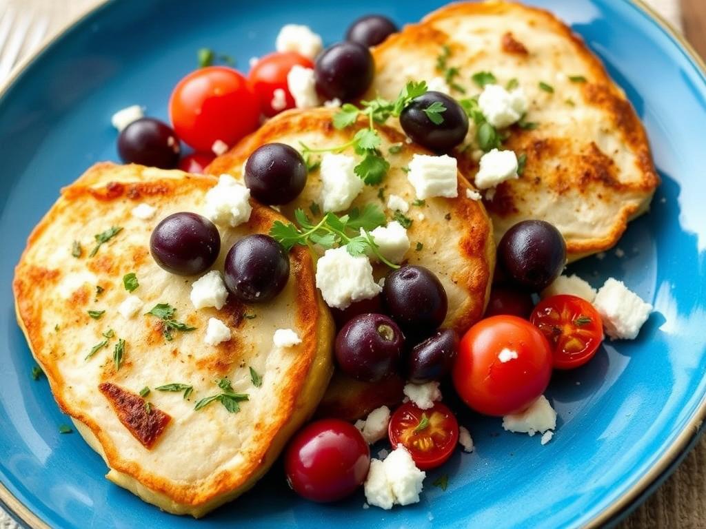 Mediterranean turkey cutlets with olives, tomatoes, and feta cheese Mediterranean turkey cutlets with olives, tomatoes, and feta cheese