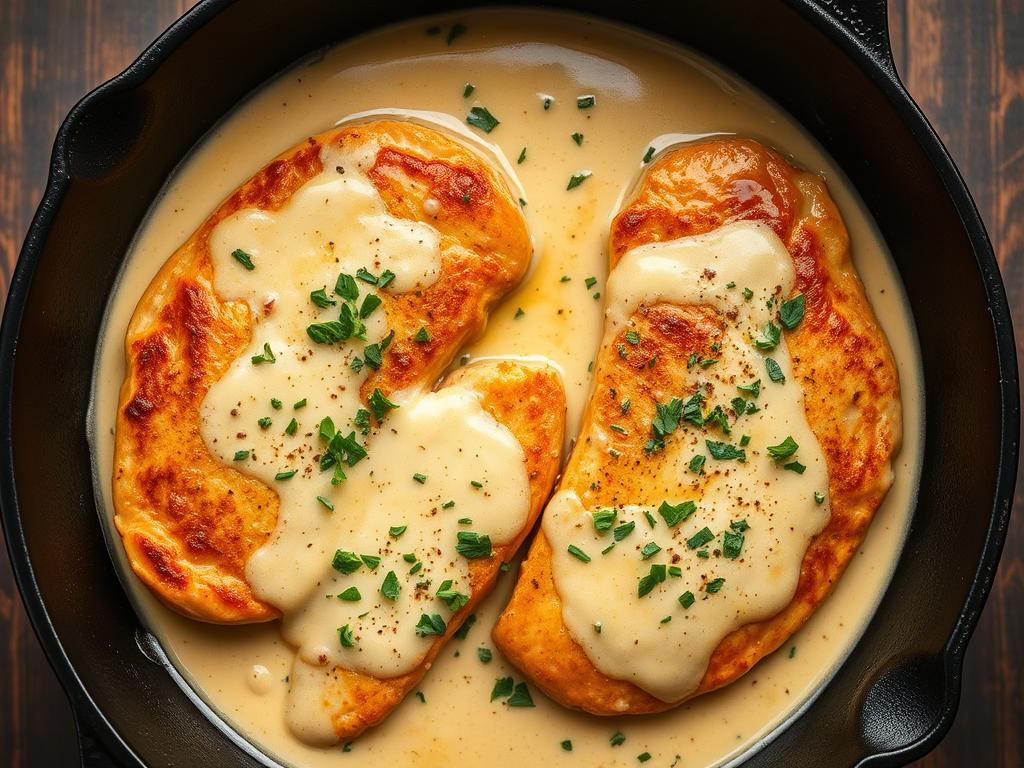 Pan-seared turkey cutlets with white wine sauce in a skillet Pan-seared turkey cutlets with white wine sauce in a skillet
