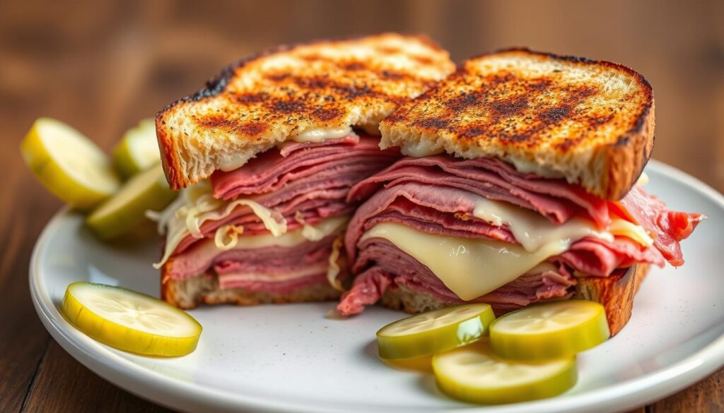 Reuben sandwich made with homemade corned beef, sauerkraut, Swiss cheese, and Russian dressing Reuben sandwich made with homemade corned beef, sauerkraut, Swiss cheese, and Russian dressing