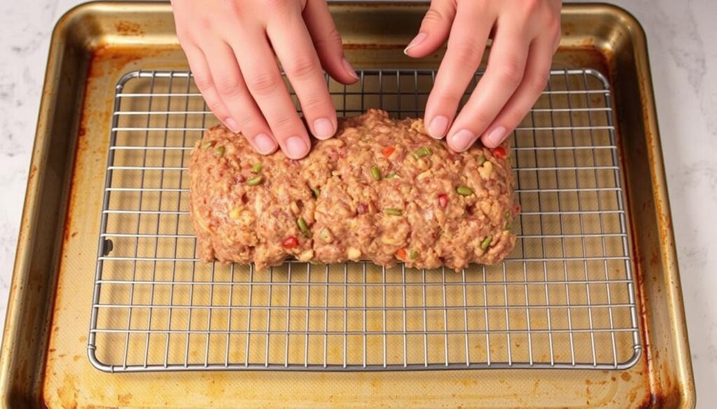 Shaping meatloaf mixture on a wire rack for smoking Shaping meatloaf mixture on a wire rack for smoking