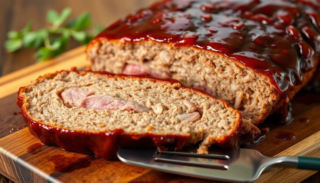 Sliced smoked meatloaf with sweet BBQ glaze on a serving platter Sliced smoked meatloaf with sweet BBQ glaze on a serving platter
