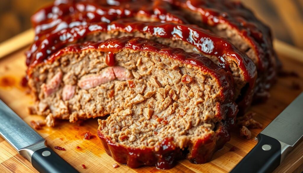 Sliced smoked meatloaf with sweet BBQ glaze showing juicy interior and caramelized exterior