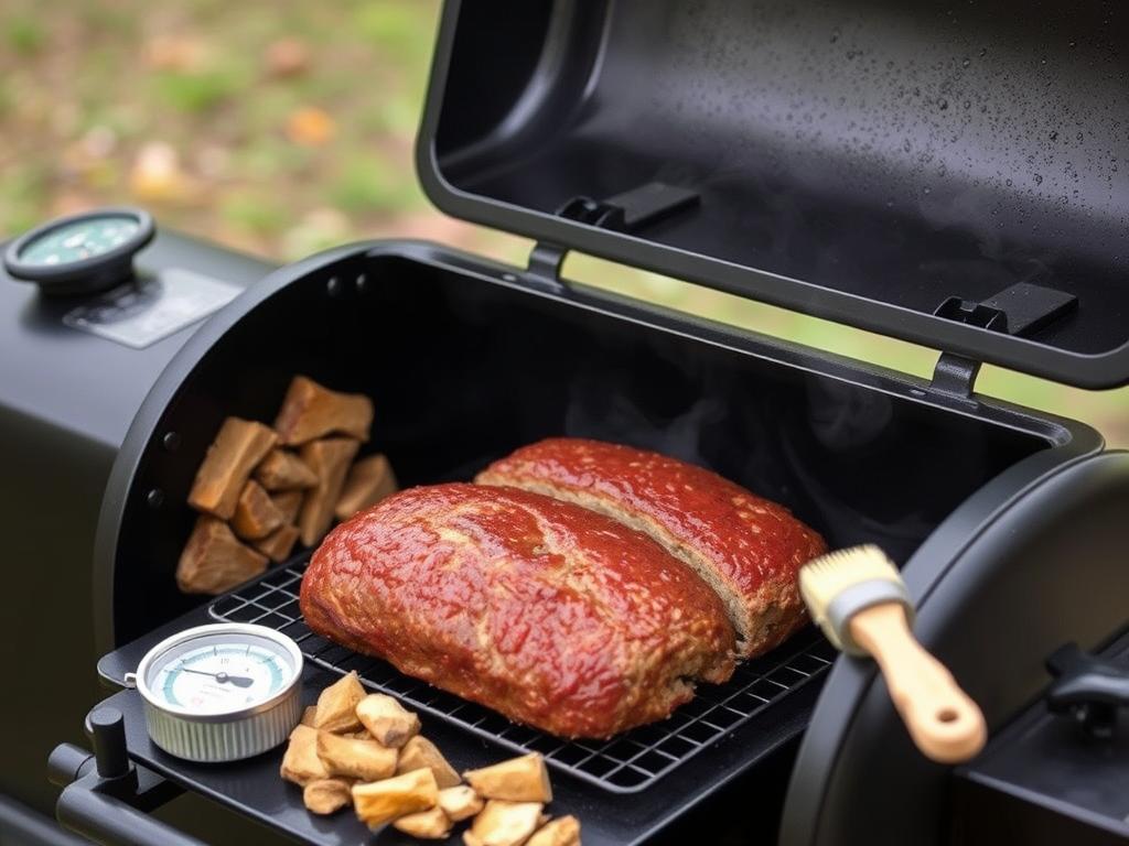 Smoker setup for making smoked meatloaf with sweet BBQ glaze Smoker setup for making smoked meatloaf with sweet BBQ glaze