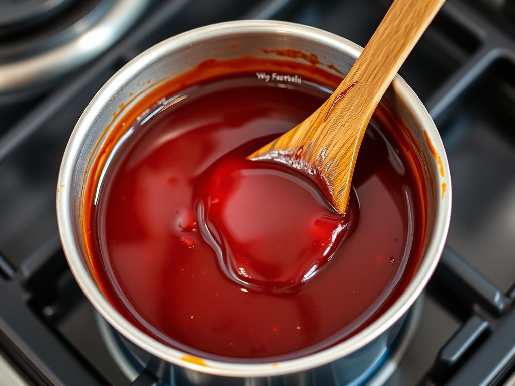 Sweet BBQ glaze simmering in a saucepan Sweet BBQ glaze simmering in a saucepan
