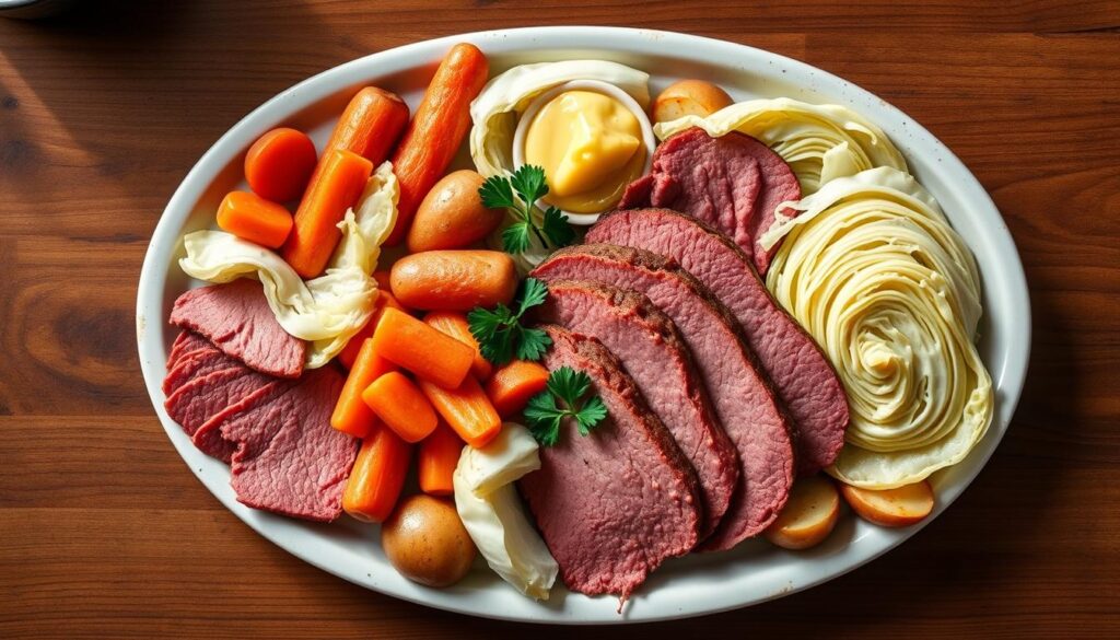 Traditional corned beef and cabbage dinner with potatoes and carrots Traditional corned beef and cabbage dinner with potatoes and carrots
