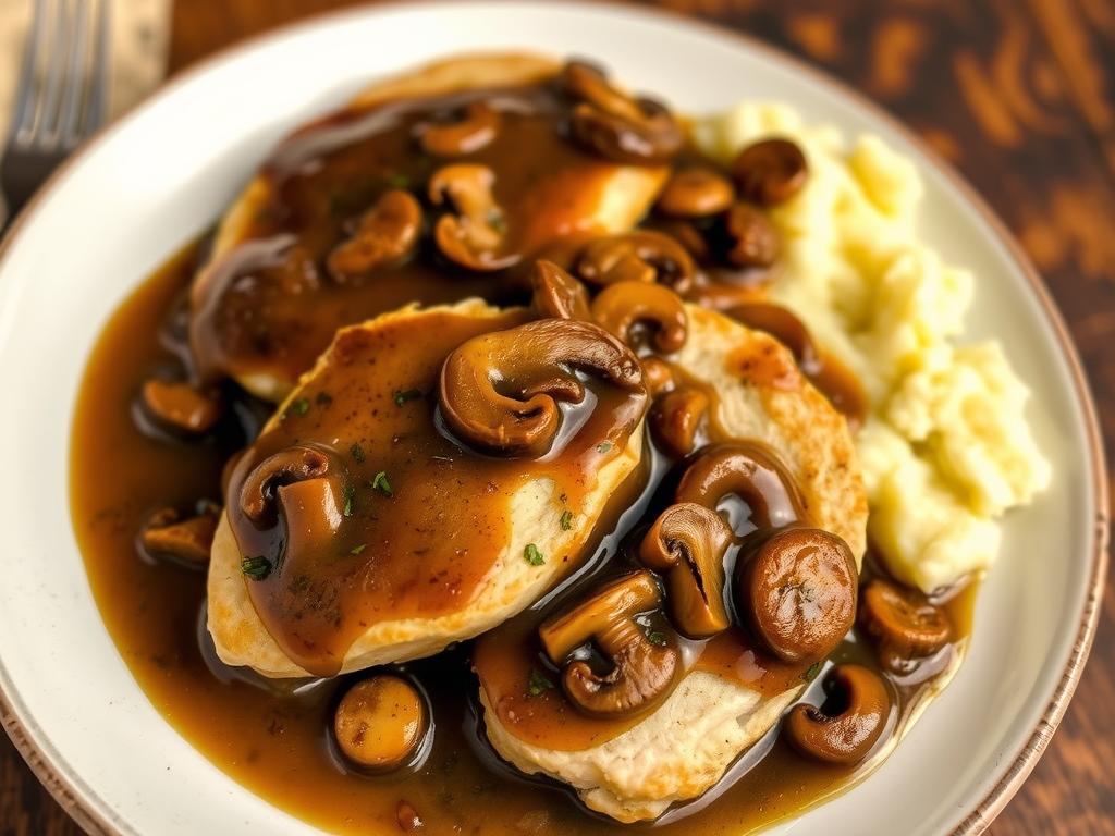 Turkey cutlets with rich mushroom gravy served with mashed potatoes Turkey cutlets with rich mushroom gravy served with mashed potatoes