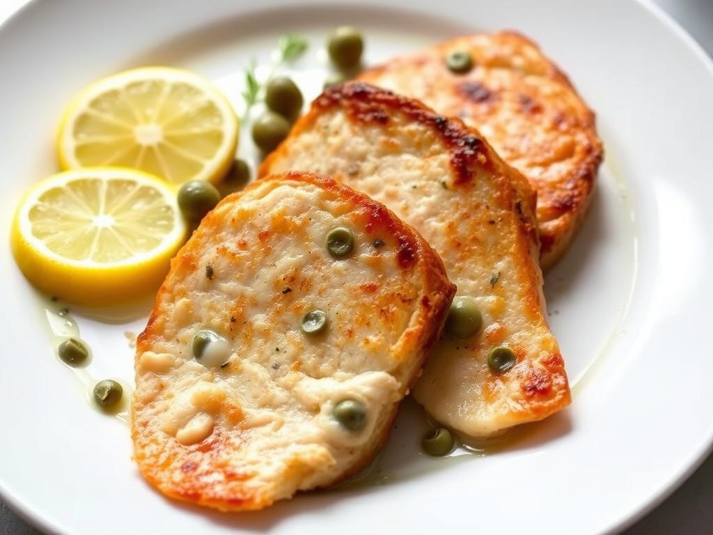 Turkey piccata with capers and lemon slices on a white plate Turkey piccata with capers and lemon slices on a white plate